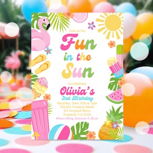 EDITABLE Fun In The Sun Birthday Party Invitation Tropical Summer Splish Splash Girly Pool Birthday Party Instant Download P5 image 1