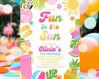 EDITABLE Fun In The Sun Birthday Party Invitation Tropical Summer Splish Splash Girly Pool Birthday Party Instant Download P5