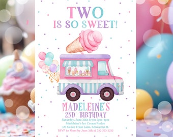 Editable Ice Cream Truck Birthday Invitation Ice Cream Two Is So Sweet 2nd Birthday Party Ice Cream Truck 2nd Birthday Instant Download C3C