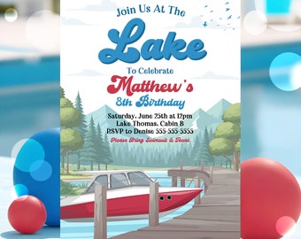 Editable Lake Birthday Invitation Blue Boat Lake Birthday Party Red Summer Lake Water Party Join Us At The Lake Party Instant Download L4E