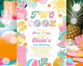 EDITABLE Two Cool Birthday Party Invitation Tropical Splish Splash Summer Girly 2nd Birthday Party Pool Party Birthday Instant Download P4