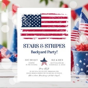 EDITABLE 4th of July Invitation Template, Printable Fourth of July Invitation, American Flag BBQ Invitation Evite Instant Distressed Flag P1 image 1