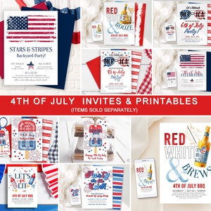 Peut inclure: Un ensemble d'invitations et de d&eacute;corations de f&ecirc;te du 4 juillet imprimables. Les motifs pr&eacute;sentent des couleurs rouge, blanc et bleu, des &eacute;toiles, des rayures, des feux d'artifice et des drapeaux am&eacute;ricains. Le texte sur les invitations comprend "Stars & Stripes Backyard Party", "Let's Celebrate Merica 4th of July Party", "Red White & Booze 4th of July BBQ", "Let's Get Lit 4th of July BBQ", et "Red White & Brews 4th of July BBQ".