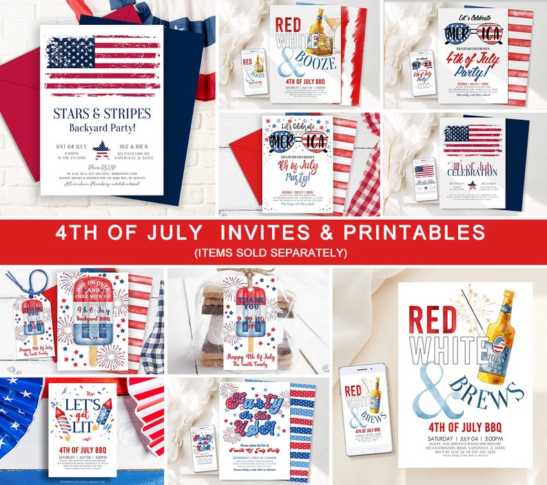 Peut inclure: Un ensemble d'invitations et de d&eacute;corations de f&ecirc;te du 4 juillet imprimables. Les motifs pr&eacute;sentent des couleurs rouge, blanc et bleu, des &eacute;toiles, des rayures, des feux d'artifice et des drapeaux am&eacute;ricains. Le texte sur les invitations comprend "Stars & Stripes Backyard Party", "Let's Celebrate Merica 4th of July Party", "Red White & Booze 4th of July BBQ", "Let's Get Lit 4th of July BBQ", et "Red White & Brews 4th of July BBQ".