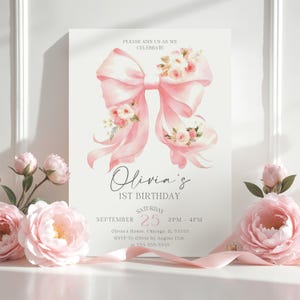 Floral Coquette Bow First Birthday Invitation Pink Ribbon Girl 1st Birthday Party Invite Elegant Editable Blush Pink Baby Girl Printable FB2