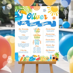 Editable One In The Sun 1st Birthday Milestone Poster Boy Tropical Summer 1st Birthday Pool Party Milestone Stats Poster Instant Download P8