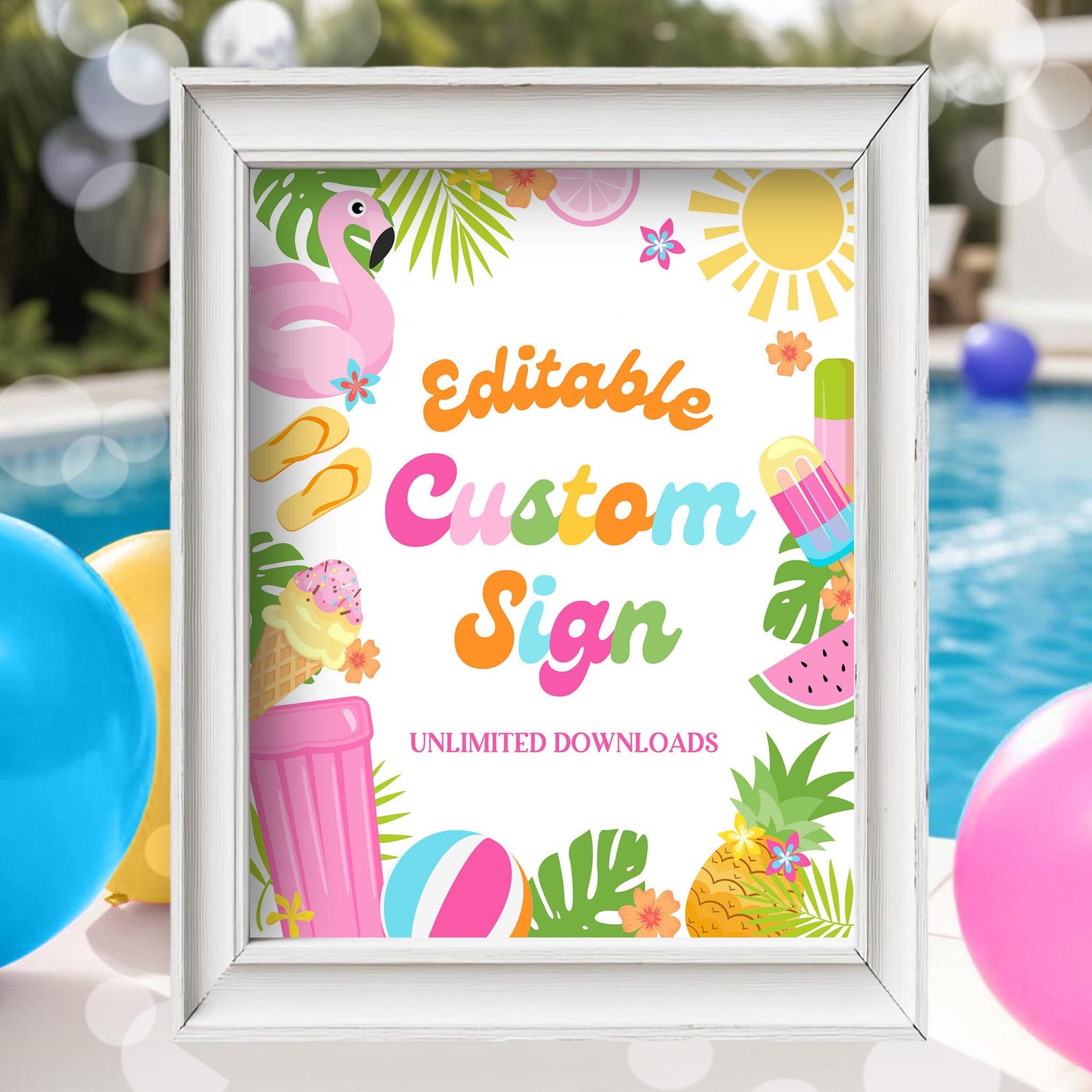 Editable Pool Party Custom Sign Tropical Birthday Table Sign Printable ...