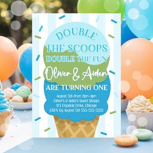 Editable Twin Ice Cream Birthday Invitation First Birthday Double the Scoops Double Fun Twins Pink Mint Gold Printable Template Corjl CE3