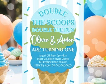 Editable Twin Ice Cream Birthday Invitation First Birthday Double the Scoops Double Fun Twins Pink Mint Gold Printable Template Corjl CE3