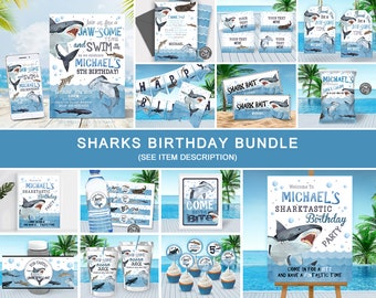 EDITABLE Shark Birthday Invitation Bundle Printable Shark Pool Party Invite Sharks Swim Party Invitation Bundle Shark Party Decorations SHK