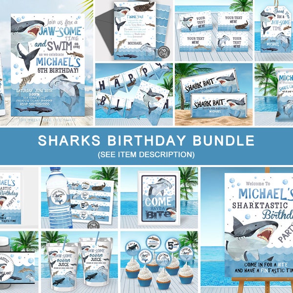 EDITABLE Shark Birthday Invitation Bundle Printable Shark Pool Party Invite Sharks Swim Party Invitation Bundle Shark Party Decorations SHK
