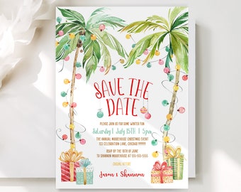 Christmas In July Party Save The Date Template Editable Palm Tree Tropical Christmas Printable Holiday Save The Date Printable Instant TC1