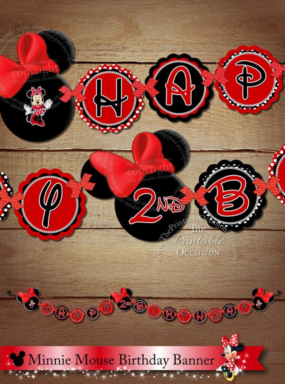 PRINTABLE Red Minnie Mouse Happy Birthday Banner, Minnie Mouse Red Black Polka Dot Birthday Banner, Minnie Bunting Pennant PRINTABLE Banner Il_570xn