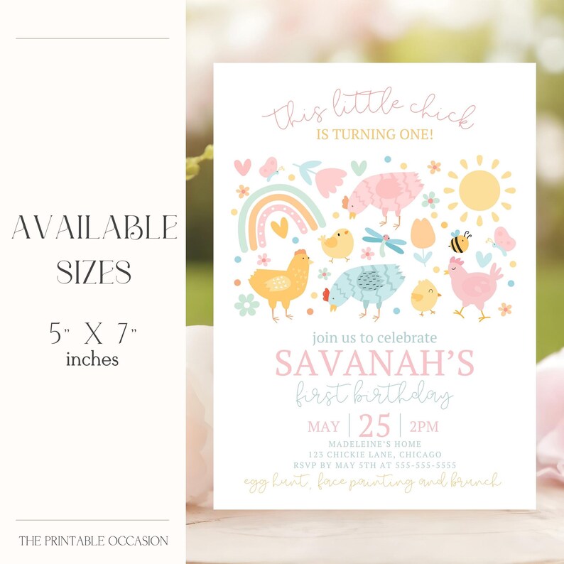 Editable Chicken Birthday Party Invitation Template This Chick Is Turning One Spring Farm Barnyard Chicken 1st Birthday Party Canva