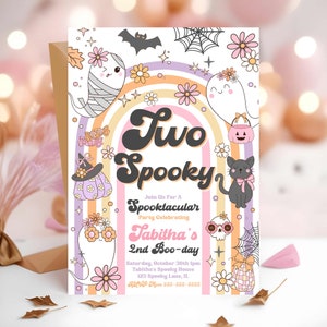 Editable Two Spooky Halloween Ghost 2nd Birthday Invitation Retro Groovy Rainbow Ghost Birthday Hippie Halloween Party Instant Download G1