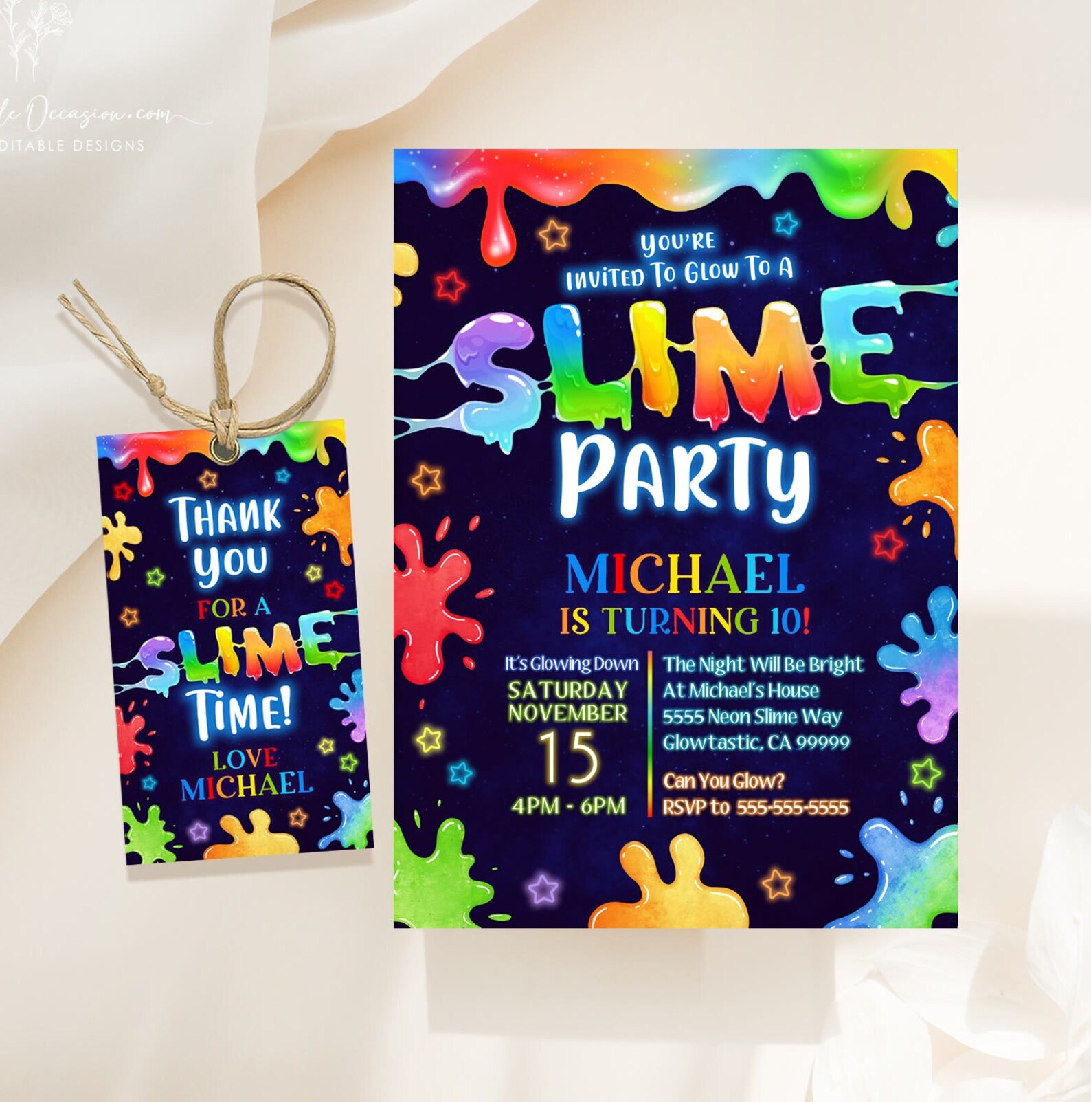 Editable Slime Birthday Invitation Glow Slime Party Invitation Template ...