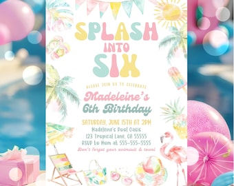 Bewerkbare pastel splash in zes 6e verjaardagsuitnodiging zwembad strandfeest meisje verjaardagsuitnodiging splash uitnodiging Canva sjabloon Canva PP2