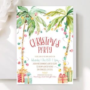 Tropical Christmas Invitation Christmas In July Invitation Tropical Christmas Party Printable Holiday Invitation Palm Tree Beach Corjl TC1