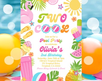 EDITABLE Two Cool Birthday Party Invitation Tropical Splish Splash Summer Girly 2nd Birthday Party Pool Party Birthday Instant Download P4