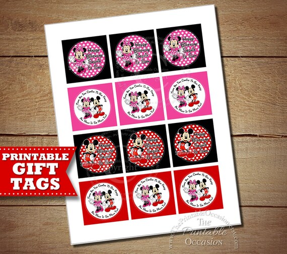 Mickey and Minnie Mouse Gift Tags for Twins or Siblings - Red Pink Mickey and Minnie Mouse Party Circle Il_570xn