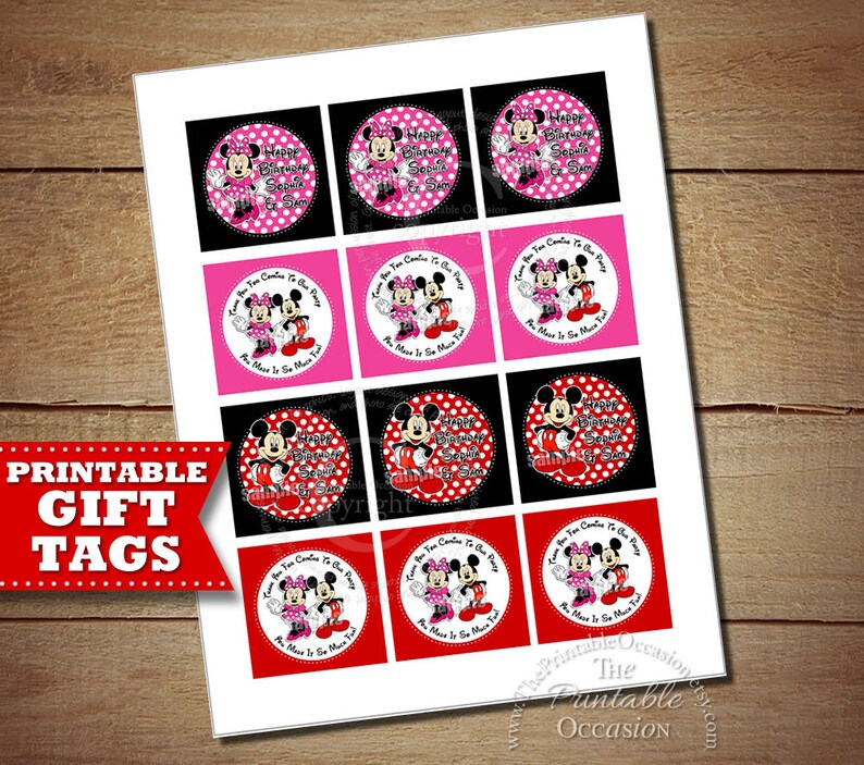 Mickey and Minnie Mouse Gift Tags for Twins or Siblings Red | Etsy
