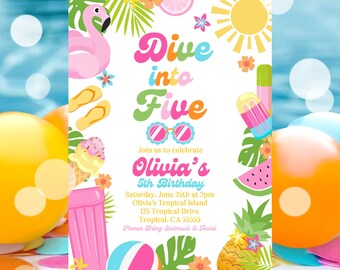 EDITABLE Dive Into Five 5th Birthday Party Invitation Tropical Summer Splish Splash Girly Pool Birthday Party Instant Download P5