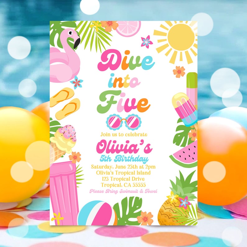 EDITABLE Dive Into Five 5th Birthday Party Invitation Tropical Summer Splish Splash Girly Pool Birthday Party Instant Download P5 image 6