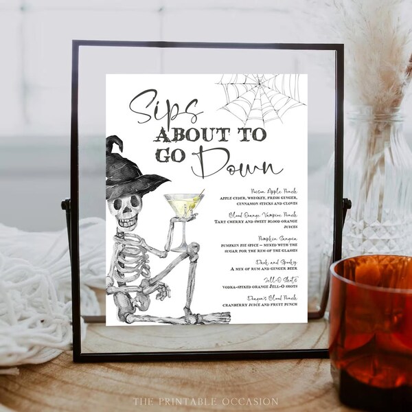Editable Halloween Cocktail Party Menu Printable Sips Going Down Drinks Sign Skeleton Cocktail Bar Menu List Cocktail Party Menu SK1
