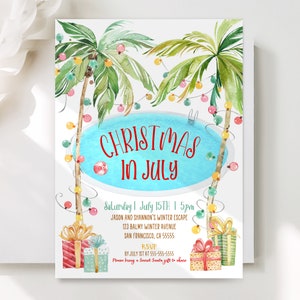 Tropical Pool Party Christmas Invitation Christmas In July Invitation Tropical Christmas Party Printable Holiday Invitation Pool Corjl TC1