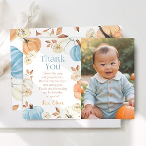 Editable Our Little Pumpkin Photo Thank You Card Blue Pumpkin Photo Thank You Card Printable Boy Fall 1st Birthday Thank You Card Corjl PM3