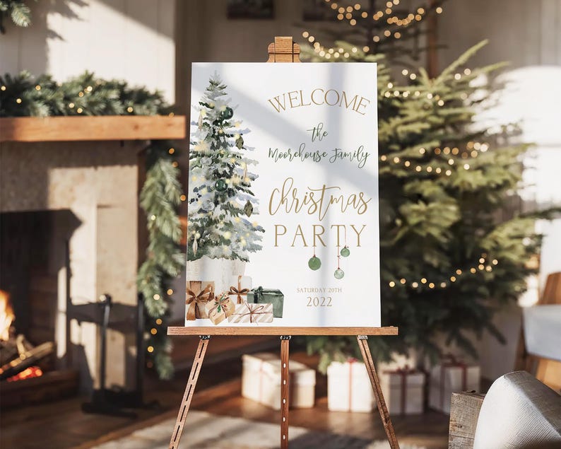 Stylish Christmas dinner party welcome sign printable featuring a gold and green festive tree with wrapped presents, editable text fields, and elegant holiday typography. This editable Corjl sign is shown printed on a wood easel beside a glowing Christmas fireplace and garland, perfect for family parties or winter gatherings. The cozy mockup captures the charm of this printable Christmas decor and how it sets the tone for an unforgettable celebration.