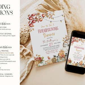 May include: A Friendsgiving dinner invitation with a fall theme. The invitation features watercolor illustrations of apples, pumpkins, and a wheelbarrow. A smartphone displays the same invitation. Text includes event details.