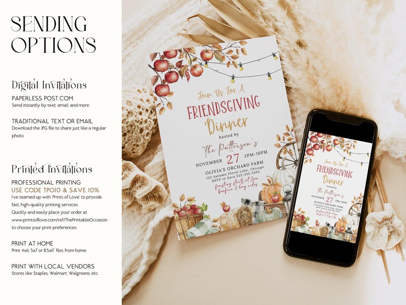 May include: A Friendsgiving dinner invitation with a fall theme. The invitation features watercolor illustrations of apples, pumpkins, and a wheelbarrow. A smartphone displays the same invitation. Text includes event details.