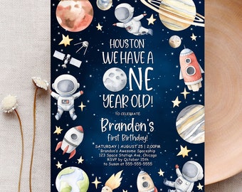 Houston We Have A One Year Old Outer Space Birthday Invitation Template Blue Blast Off First Trip Around the Sun Download Printable SP1