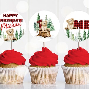 Bear Cupcake Toppers, Beary 1st Birthday, Beary First Cupcake Toppers, Bear Birthday Cupcake, 1st Birthday Boy, Blue Bear Boy Birthday BR1 image 1