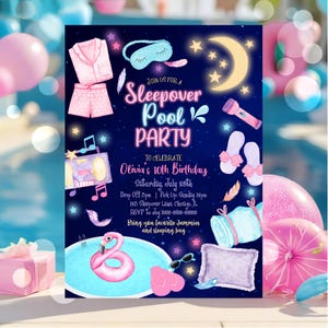 Slumber Pool Party Birthday Invitation Sleepover Swim Birthday Invite Pink Girl Tween Teen Swim Pool Digital Printable Template Canva SO3