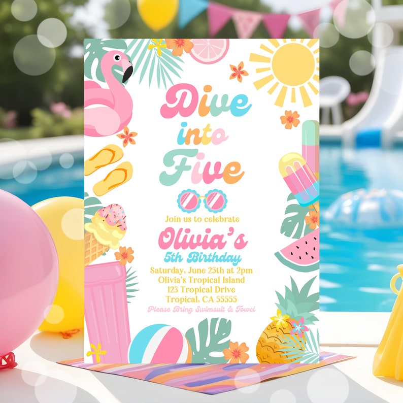 EDITABLE Dive Into Five 5th Birthday Party Invitation Tropical Summer Splish Splash Girly Pool Birthday Party Instant Download P4