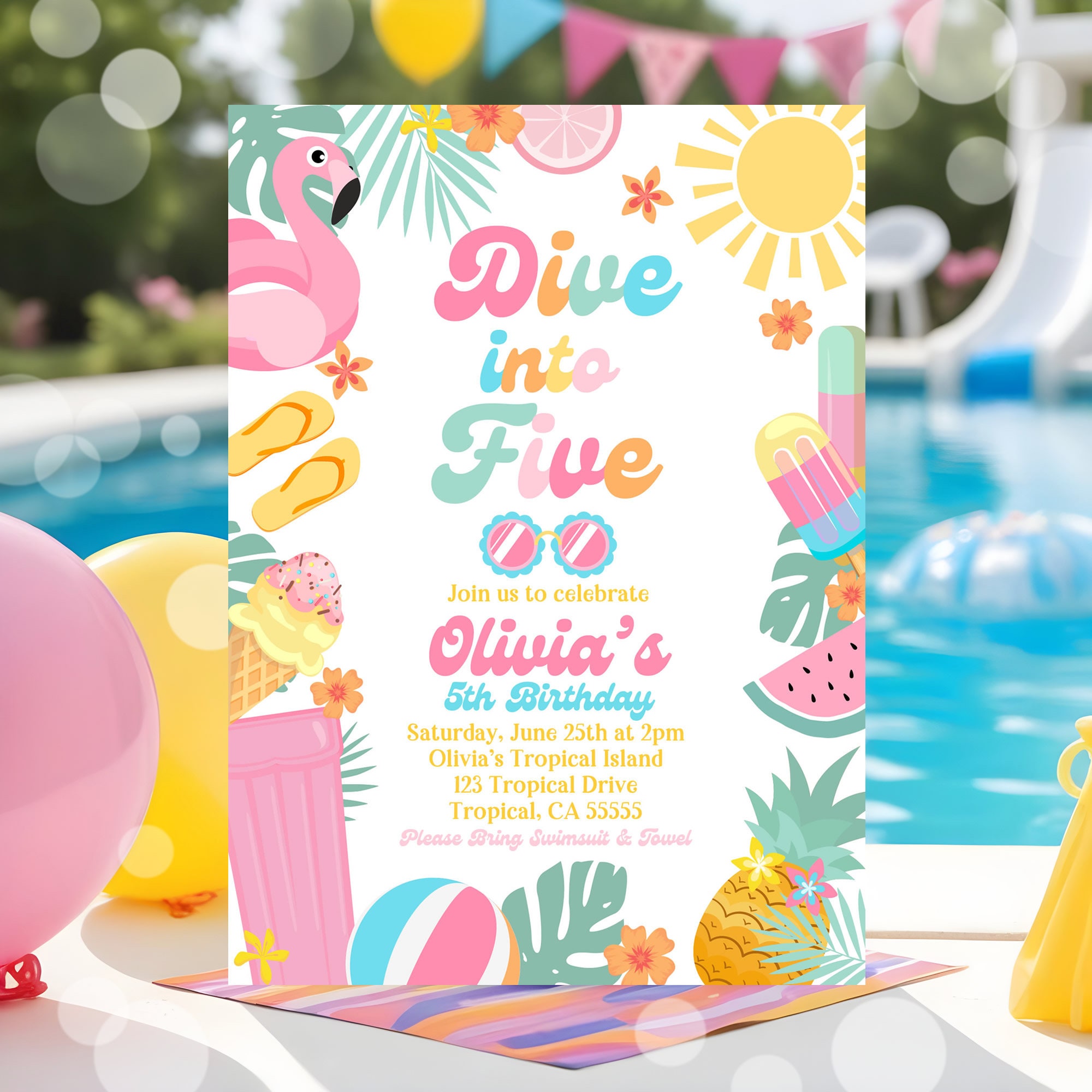 EDITABLE Dive Into Five 5th Birthday Party Invitation Tropical Summer Splish Splash Girly Pool Birthday Party Instant Download P4