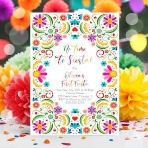 Editable Fiesta Invitation First Fiesta Birthday Mexican 1st Birthday Party Mexican Floral Girl Kids Printable Invitation Template Corjl FE1