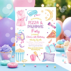 Editable Pizza And Pajamas Birthday Invitation Movie Night Party Girl Pink Teen Tween Slumber Party Digital Corjl Template Printable SO1