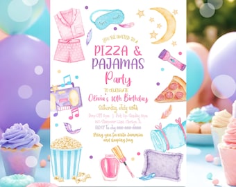 Editable Pizza And Pajamas Birthday Invitation Movie Night Party Girl Pink Teen Tween Slumber Party Digital Corjl Template Printable SO1