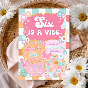 Girls Groovy 6th Birthday Invitation Floral Six Is A Vibe Retro Birthday Invitation Smile Face Invite Emoji Invitation Canva Download TW3