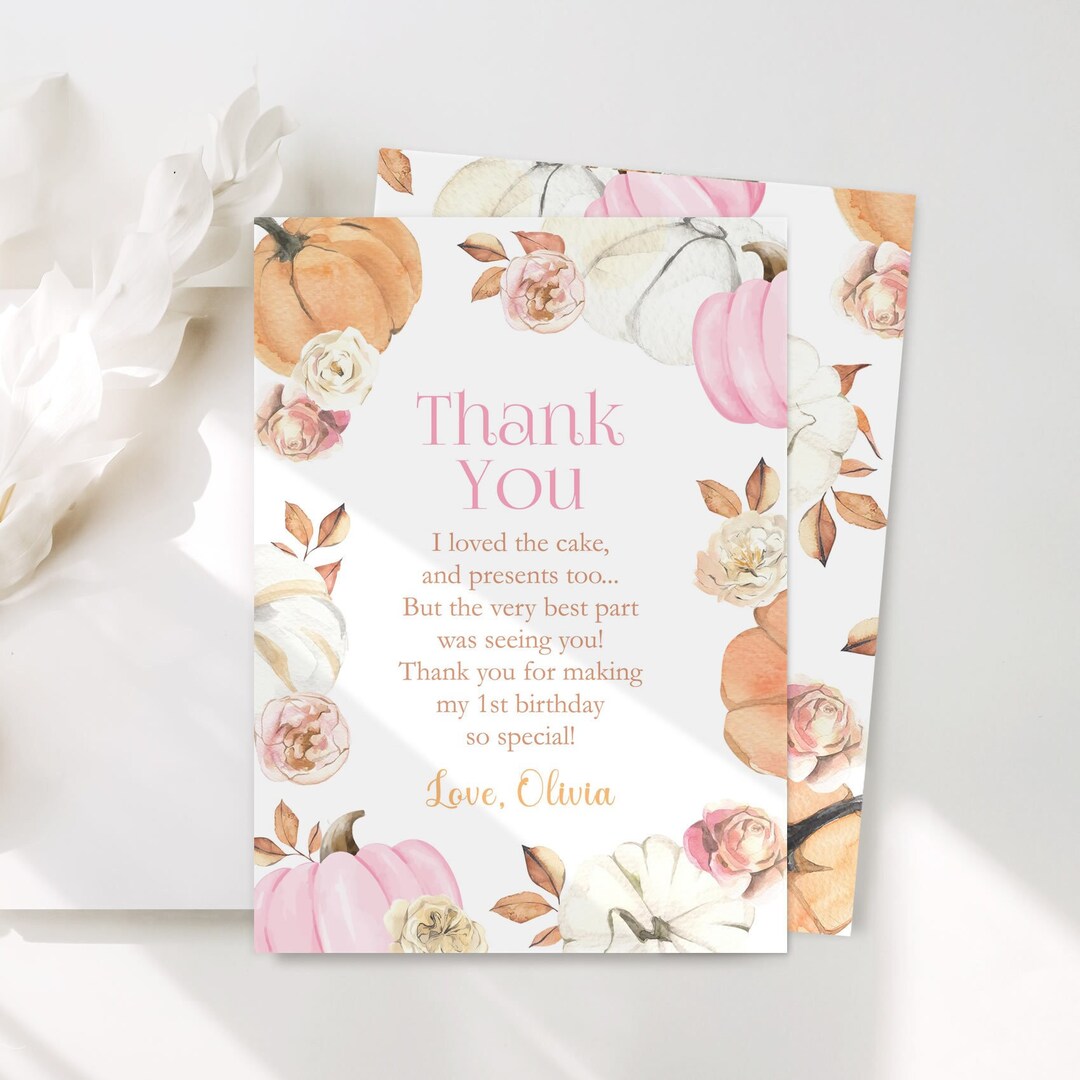 Editable Our Little Pumpkin Thank You Card Pink Pumpkin First Birthday ...