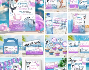 Editable Sharks and Mermaids Invitation Bundle Twin Birthday Pool Party Invitation Siblings Pool Party Invitation Bundle Sharks Mermaids SH1