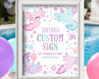 Editable Axolotl Birthday Party Sign Pink Teal Purple Girl Axolotl Under the Sea Party Decor Custom Axolotl Sign AX1