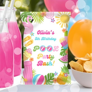 Editable Pool Party Chip Bag Wrappers Tropical Splish Splash Girly Pool Party Summer Swimming Pool Splash Pad Party Instant Download P5