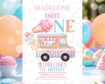 Editable Ice Cream Truck Birthday Invitation Ice Cream Sweet One 1st Party Invitation Sweet One Ice Cream Birthday Party Instant Downloa C3B