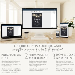 May include: A digital mockup of a printable invitation template for a backyard party. The invitation features a black background with white text and a string of lights with glowing bulbs. The text on the invitation reads "Backyard Party!" and includes the date, time, and location of the event. The invitation is displayed on a computer screen, a tablet, and a smartphone.