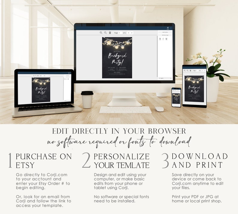 May include: A digital mockup of a printable invitation template for a backyard party. The invitation features a black background with white text and a string of lights with glowing bulbs. The text on the invitation reads "Backyard Party!" and includes the date, time, and location of the event. The invitation is displayed on a computer screen, a tablet, and a smartphone.