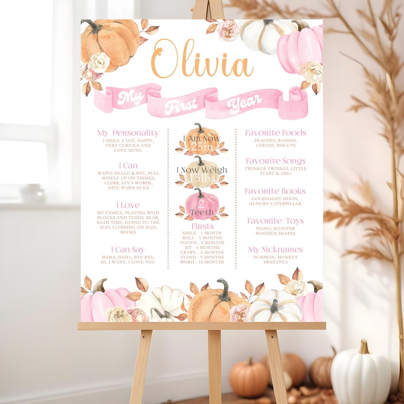 Editable pumpkin first birthday milestone board featuring pink white and orange pumpkins with soft roses and autumn leaves personalized with baby’s name stats favorite things and milestones displayed on an easel in a cozy fall themed room with pampas grass decor for a rustic and elegant autumn birthday celebration backdrop